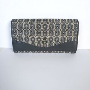 Anna Sui Wallet Clutch Gray Black Envelope Leather Canvas Boho Geometric Large